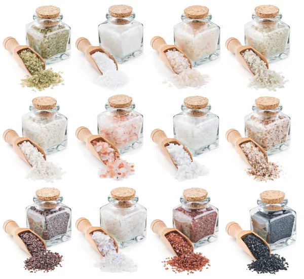 Колекція різних видів солі ізольована на білому Стокове Зображення