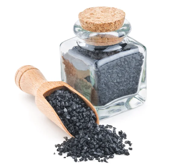 Hawaiian black volcanic salt in a glass bottle — Stock Photo, Image