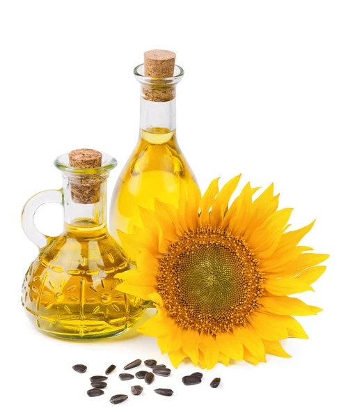 Sonnenblumenöl und Samen isoliert auf weiss — Stockfoto