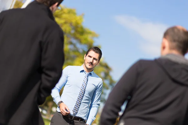 Businessman being blackmailed by two racketeers. — Stock Photo, Image