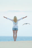 Картина, постер, плакат, фотообои "free woman enjoying freedom on beach at dusk.", артикул 111658592