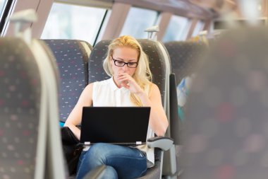 Dizüstü bilgisayarda çalışan tren ile seyahat eden kadın.