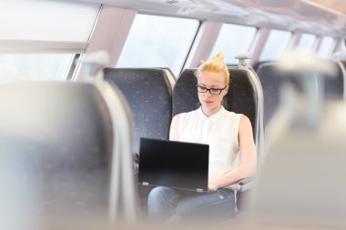 Dizüstü bilgisayarda çalışan tren ile seyahat eden kadın.