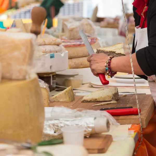 Kaasmarkt. Grote selectie van kazen. — Stockfoto