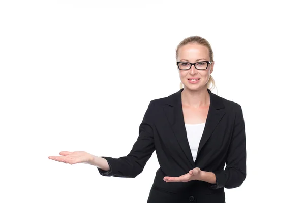 Geschäftsfrau zeigt Handzeichen zur Seite. — Stockfoto