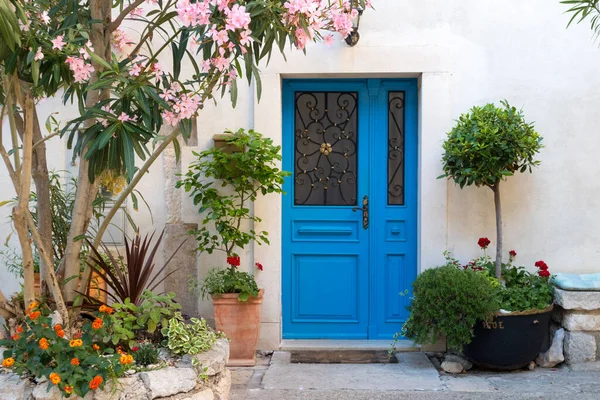 Beutiful vintage binnenplaats met weelderig groen en marine blauwe houten deur in de oude mediterrane kuststad, Kroatië — Stockfoto