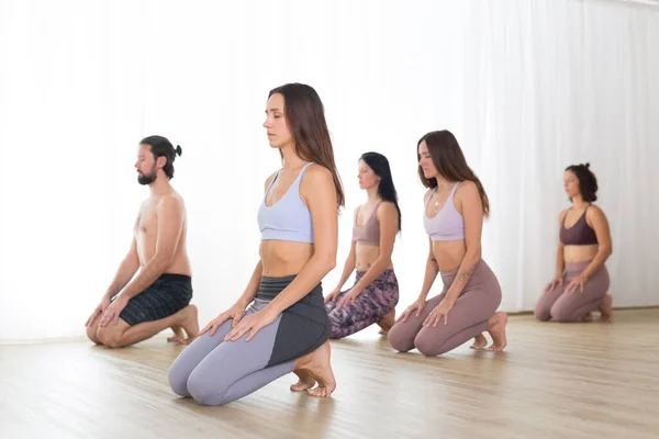 Grupa młodych, sportowych, atrakcyjnych kobiet w studio jogi, ćwiczących lekcję jogi z instruktorem, klęczących, rozciągających się i relaksujących po treningu. Zdrowy aktywny tryb życia, ćwiczenie na siłowni — Zdjęcie stockowe