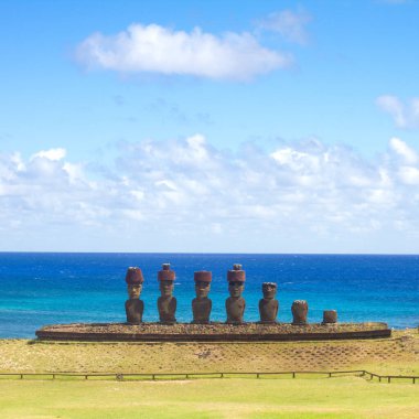 Moai Anakena sahilinde, Paskalya adası, Şili.