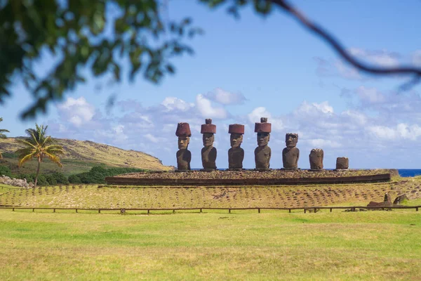 Moai Anakena tengerparton, Húsvét-sziget, Chile. — Stock Fotó