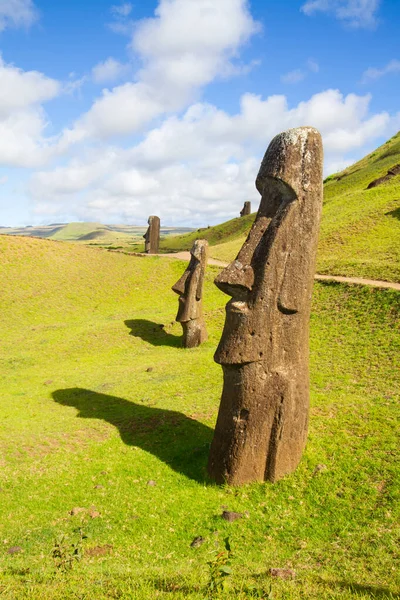 Moai esculturas de pedra em Rano Raraku, Ilha de Páscoa, Chile. — Fotografia de Stock