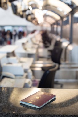 Sınır kapısındaki havaalanı denetimi için Slovenya pasaportu. Seyahat konsepti.