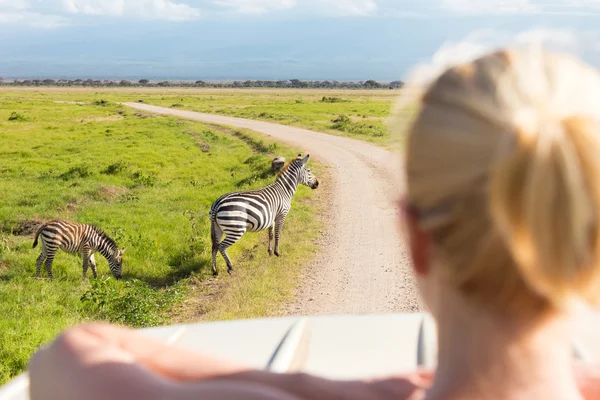 Frau auf Safari durch afrikanische Tierwelt. — Stockfoto