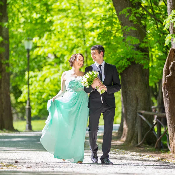 Wedding couple walking in park. Royalty Free Stock Images