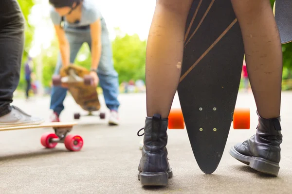 Teenage girl urban long board riding. — Stock Photo, Image