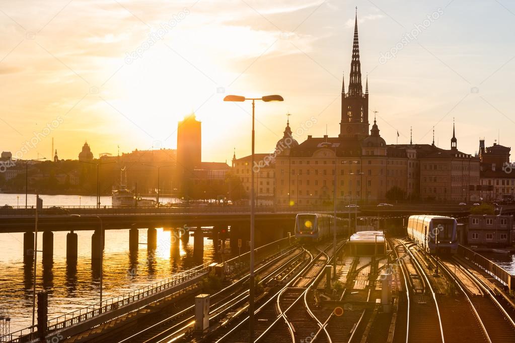 Railway tracks and trains in Stockholm, Sweden.