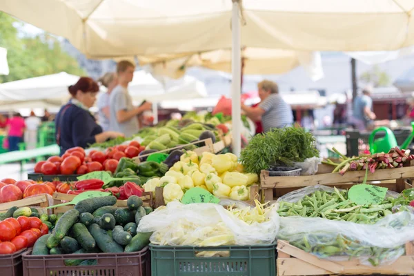 Фермери ринку продуктів харчування стоять з різноманітними органічними овочами . — стокове фото