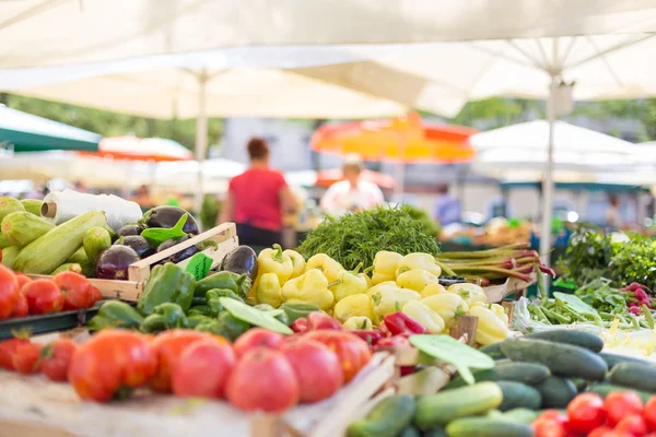 Boeren voedsel marktkraam met verscheidenheid van biologische groente. — Stockfoto