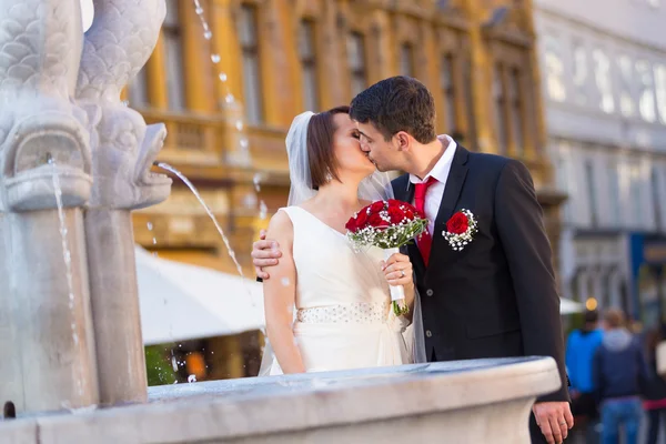 Piękny ślub para przy fontannie. — Zdjęcie stockowe