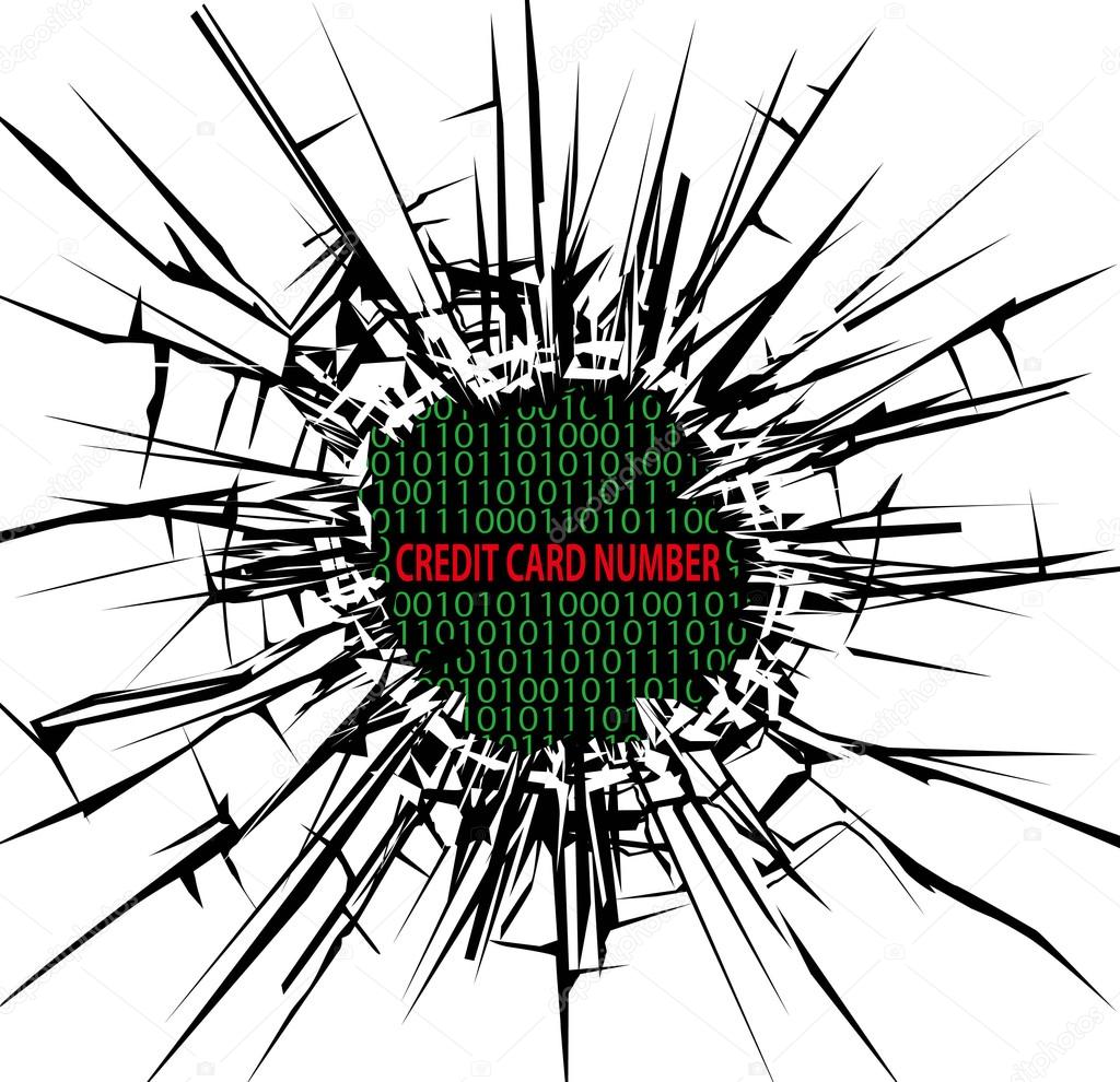 Security concept, Breaking through the glass and credit card number