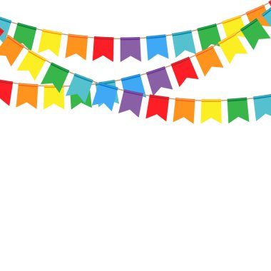 Beyaz bir arka plan üzerinde parti bayrakları. Kutlama ilanı.