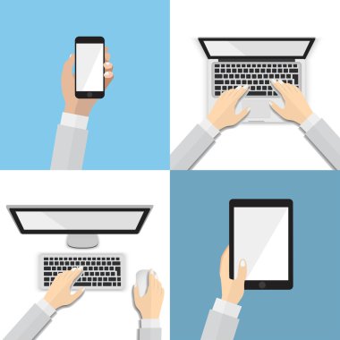 Çeşitli iletişim cihazları ile düz el simgeler kümesi. Kullanarak akıllı telefon, dizüstü bilgisayar, masaüstü, tablet, düz tasarım konsepti. EPS 10 vektör çizim