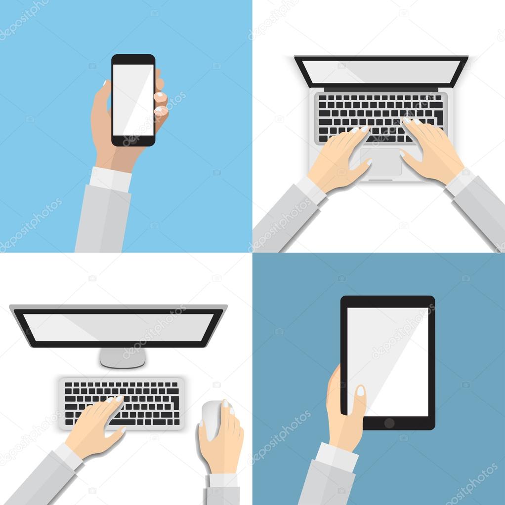 Set of flat hand icons with various communication devices. Using smart phone, laptop, desktop, tablet, flat design concept. Eps 10 vector illustration