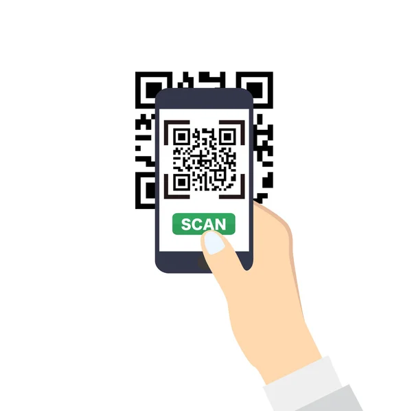 Mão segurando um smartphone com QR-Code scan. Ícone vetorial de estilo plano . — Vetor de Stock