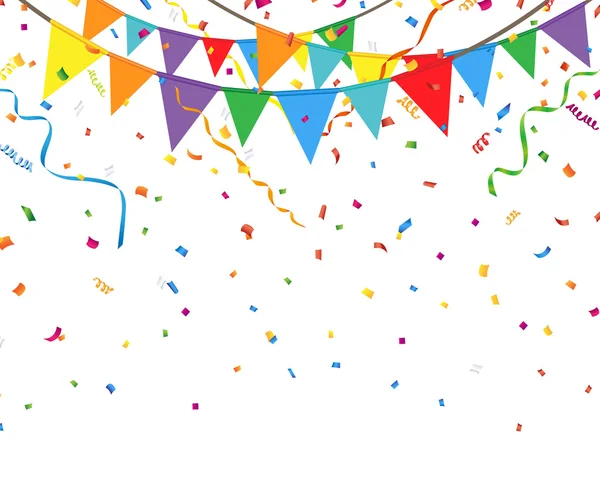 Drapeaux de fête avec confettis et banderole — Image vectorielle
