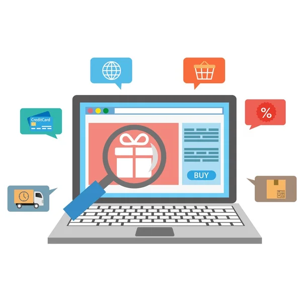 Laptop com ícones de compras online — Vetor de Stock