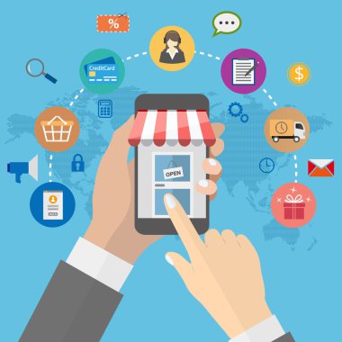 Akıllı telefon ve e-ticaret simgeler global harita arka planda tutan adam ile online alışveriş