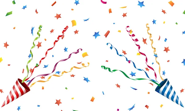 Exploderende party popper met confetti en streamer — Stockvector