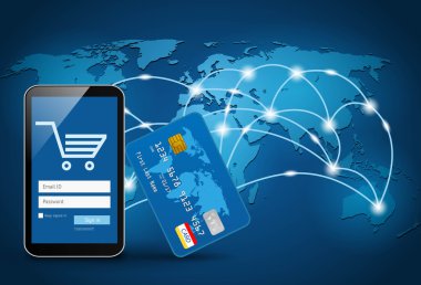 Global harita arka plan üzerinde kredi kartı ile akıllı telefon