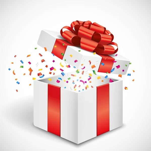 Abierto 3d caja de regalo con lazo rojo y confeti — Vector de stock