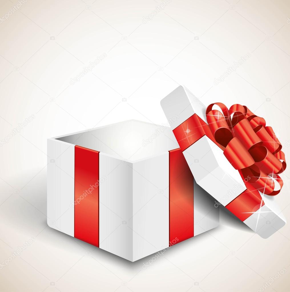 Empty open gift box with red bow