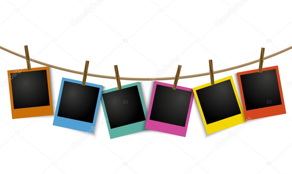 Blank colorful photo frame hanging on rope with clothes pin