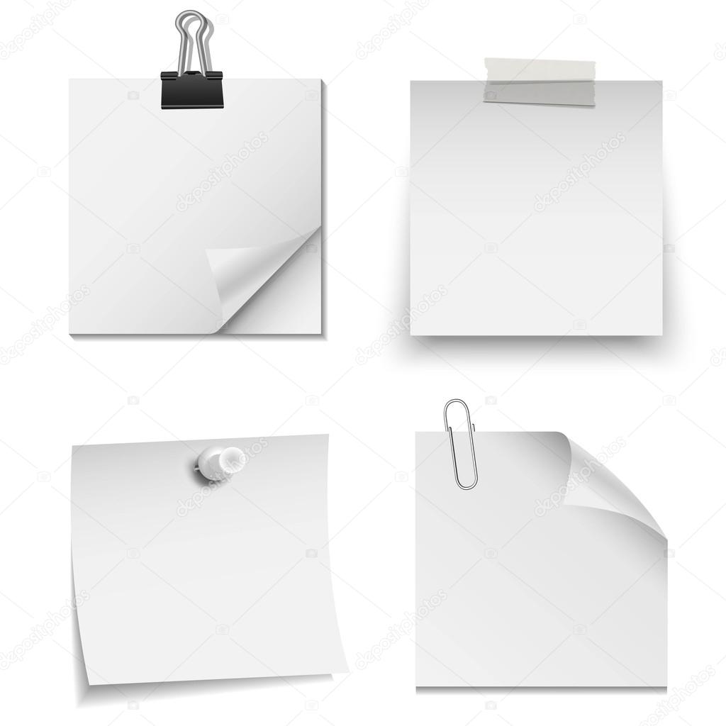 Set of white paper notes with paper clip, tape, and pin