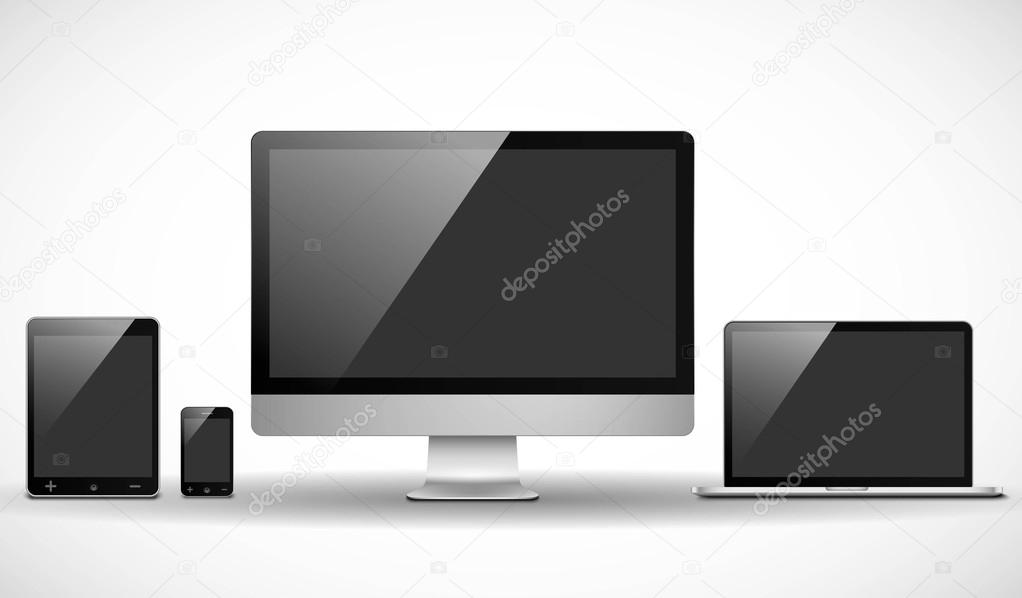 Set of realistic vector laptop, desktop, smartphone and tablet computer. Modern electronic devices.