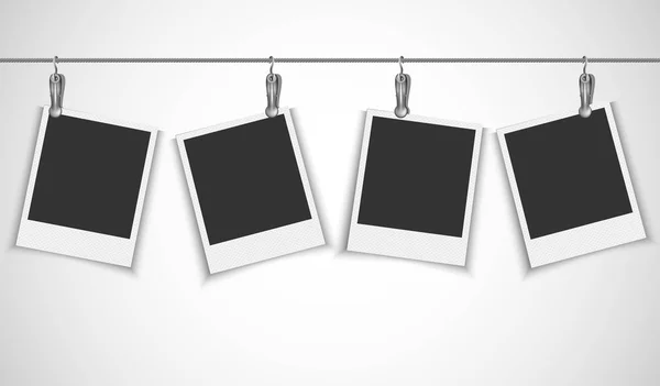 Blank photo frame hanging on a wire rope with metallic clip — Stock Vector