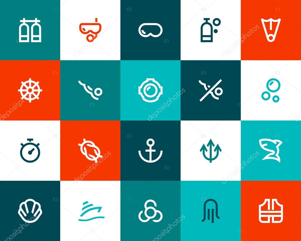 Scuba diving icons. Flat style