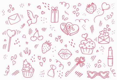 Doodle Sevgililer Günü için hazır. Kalp, pasta, zarf, ruj, anahtar, bardak, kiraz, çilek, güvercin, şeker. Beyaz arkaplan, izole et.
