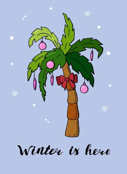 Weihnachtskarte Mit Einer Palme Die Mit Kugeln Geschmückt Ist Die — Stockvektor
