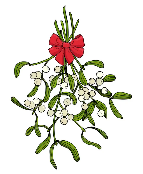 Bouquet Gui Avec Nœud Rouge Embrasser Branche Gui Noël Fond — Image vectorielle