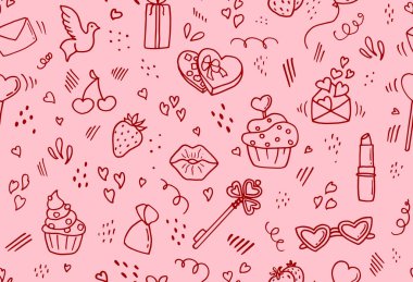 Sevgililer Günü. St. Valentine bayramı için çizimlerle kusursuz bir desen. Doodle tarzı.