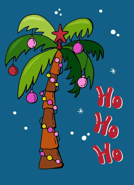 İçinde süslü palmiye ağacı olan bir Noel kartı. Mektup: ho ho ho. Egzotik Noel.