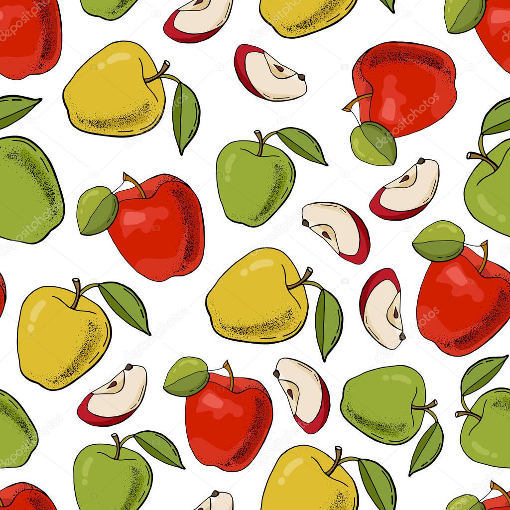 Fruit seamless pattern. Whole apples and pieces. Hand-drawn illustration. White background, isolate.