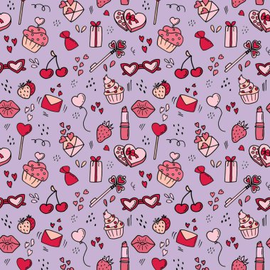 Sevgililer Günü için kusursuz bir desen. Doodle tarzı. Kumaş, tekstil, duvar kağıdı, ambalaj için tasarım.