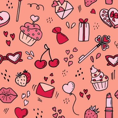 Sevgililer Günü - kusursuz desen. Doodle tarzı sevgililer günü kartları.