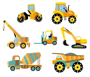 Farklı oyuncaklar ağır ekipman ve makineler beyaz arka planda izole edilmiş. Oyuncak arabalar hazır. Bebek stili. Vektör illüstrasyonu.