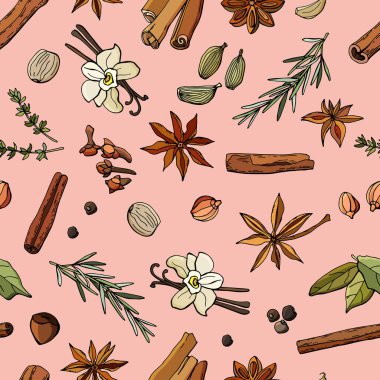 Çeşitli baharatlardan kusursuz bir arka plan. Vanilya, yıldız anason, karanfil, sarımsak, defne yaprağı, vanilya, tarçın, tüm baharatlar, biberiye, kişniş, kekik. Çizgi film biçimi illüstrasyonu.