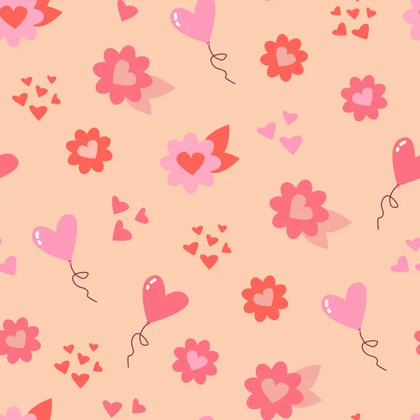 Бесшовный Рисунок Святого Валентина Шарики Форме Сердца Цветы Сердца Плоский — стоковый вектор